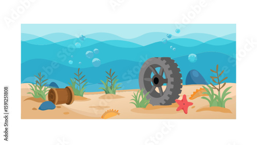 Pollution in ocean illustration with tire and barrel waste underwater environmental issue concept vector art
