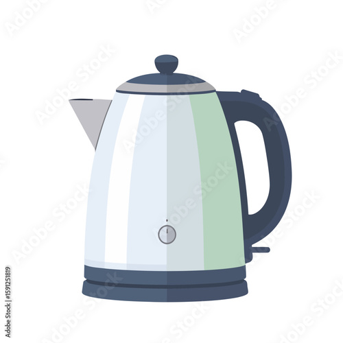 Modern electric kettle with a striped light grey and pale green body, featuring a dark blue handle and lid.