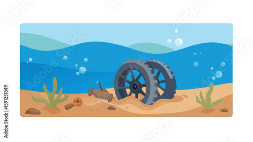 Underwater scene with sunken cannon wheels and marine life for ocean exploration and history themed designs