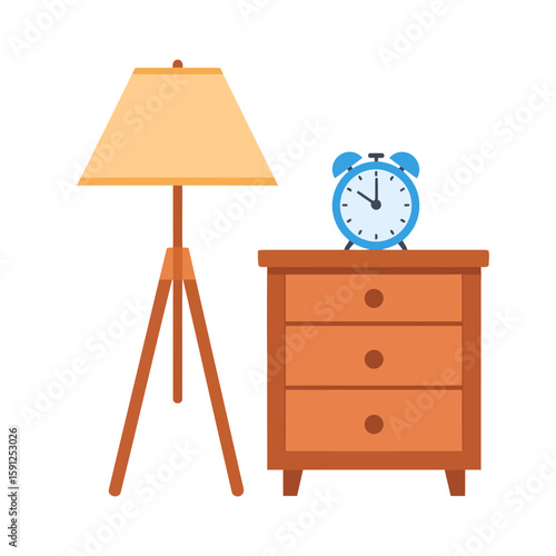 Bedroom furniture set with a wooden nightstand, blue alarm clock, and a modern tripod floor lamp in a flat design style.