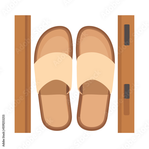A flat illustration of a pair of beige and brown open-toed slide slippers.