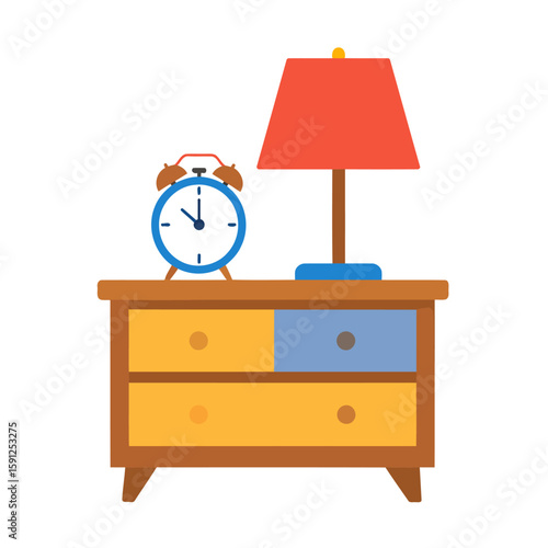 Flat design illustration of a colorful wooden nightstand with a red lamp and blue clock.