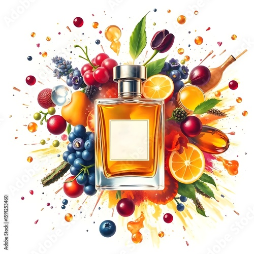 Top view of bottle of perfume surrounded with fruits and flowers on white