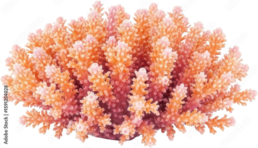 Naklejka premium Detailed Close Up Of Branching Stony Coral With Pink And Orange Hues Isolated On A Transparent Background Transparent Background
