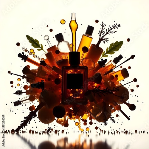 Top view of bottle of perfume surrounded with fruits and flowers on white