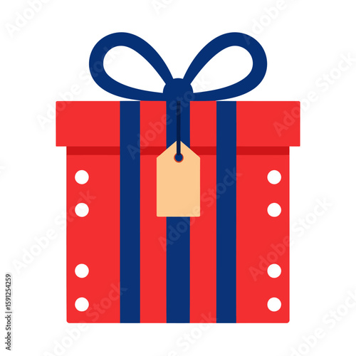 Red gift box with a blue ribbon bow, vertical stripes, white polka dots, and a hanging tag.