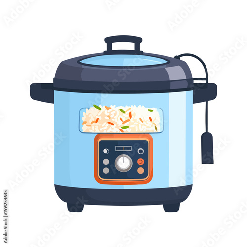 Light blue electric rice cooker with a digital display, filled with cooked rice and vegetables.
