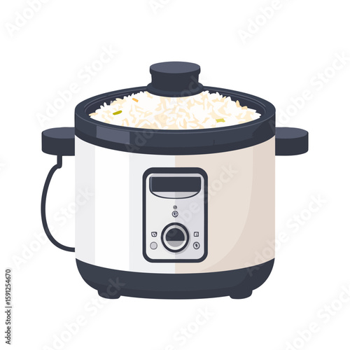 Modern electric rice cooker appliance filled with freshly cooked white rice and vegetables.