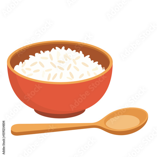 A simple illustration of a red ceramic bowl filled with cooked white rice and a wooden spoon.