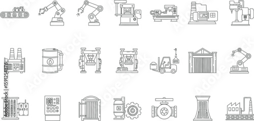 Vector art of a detailed line drawing depicts various factory machines and industrial equipment used in manufacturing and automation processes