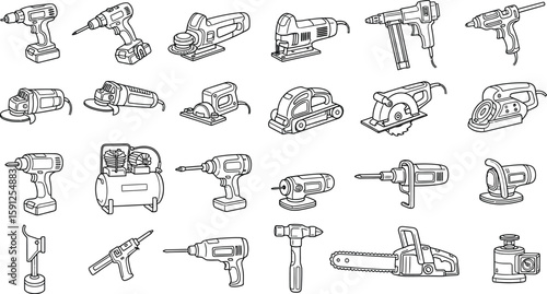 Vector art of a detailed line drawing showcases a variety of power tools, including drills, grinders, and saws, essential for construction and repair