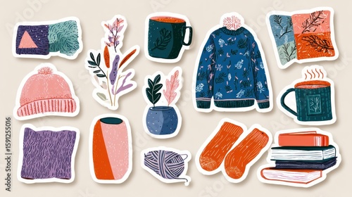 Cozy autumn/winter sticker collection featuring warm clothes, drinks, books, and plants