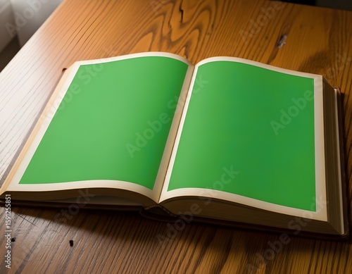 An open book lying on a wooden table, both pages glowing with a bright green screen.