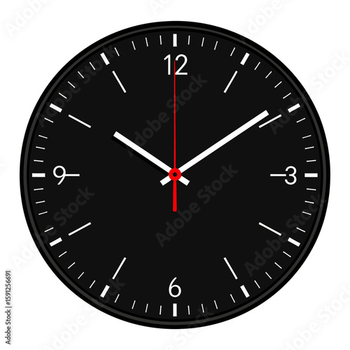 Modern black analog wall clock with a minimalist dial, white hands, and a thin red second hand.