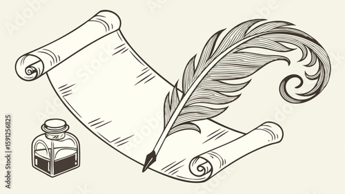 Quill pen and ink bottle on scroll retro style writing vintage paper document