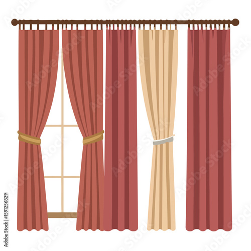Stylish red and beige window curtains with decorative tie-backs hanging on a dark brown rod. Flat design illustration.