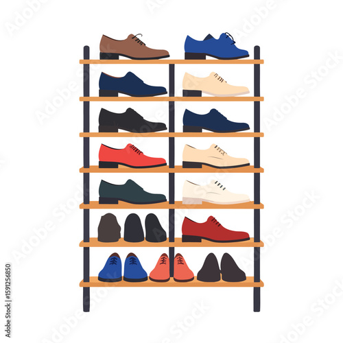 Colorful collection of men's classic leather shoes organized on a wooden storage rack.