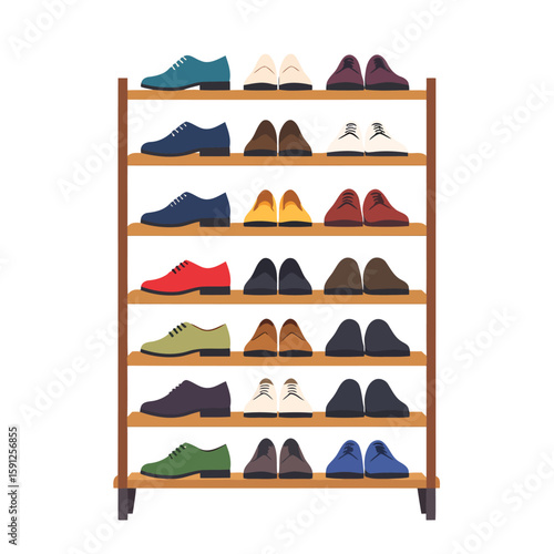 Organized wooden shoe rack with a diverse collection of colorful men's dress shoes.