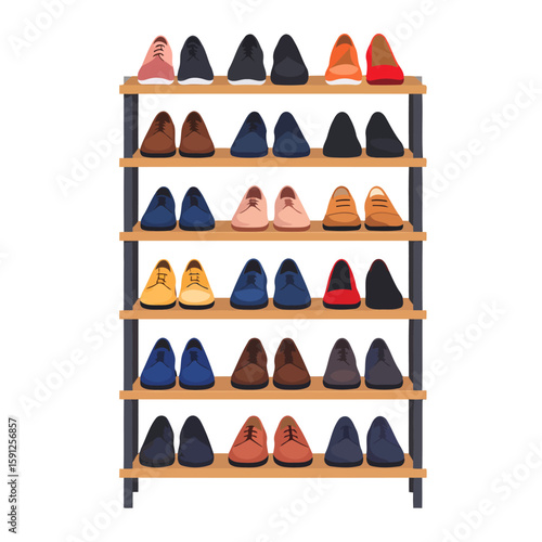 Tall wooden shoe rack with six shelves, neatly organized with various pairs of colorful shoes.