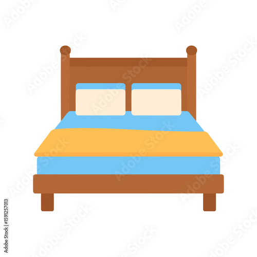 A flat design illustration of a wooden double bed with blue and yellow bedding and two pillows.