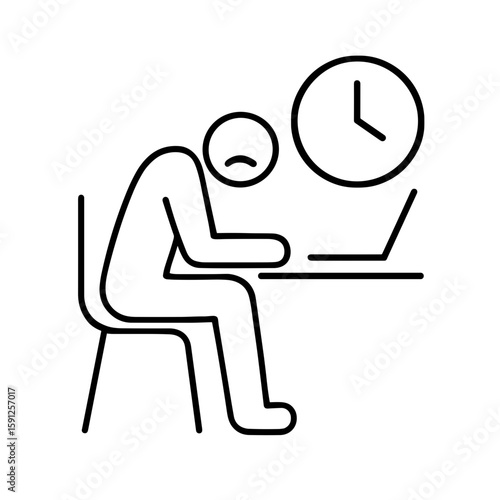 Outline person at desk with clock icon representing overwork
