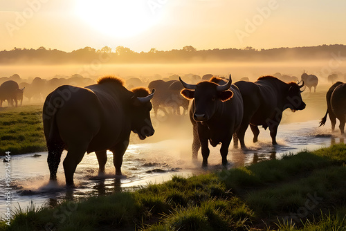 Wallpaper Mural Traditional Rice Farming: Water Buffalo Plowing Field at Sunrise Torontodigital.ca