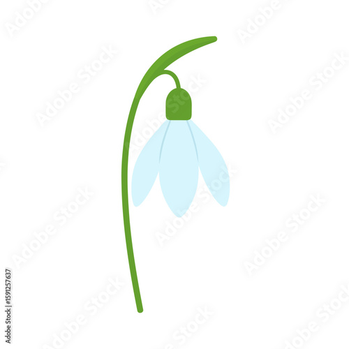 A simple, flat design illustration of a single drooping snowdrop flower with light blue petals and a curved green stem.