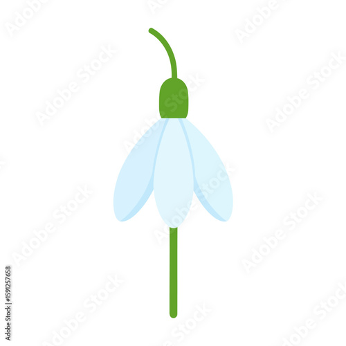 Minimalist flat illustration of a delicate snowdrop flower with bell-shaped white petals.