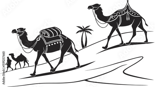 Camel caravan desert travel silhouette vector illustration middle east arabic trip adventure animal ride  drawing