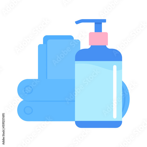 Blue disposable gloves and a hand sanitizer bottle with a pink pump dispenser.