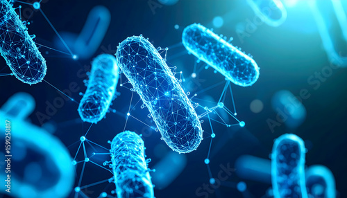 Abstract Blue Glowing Bacteria Network Digital 3D Rendering