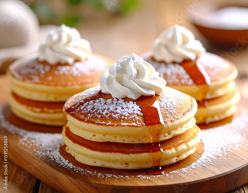Fluffy Pancakes with Whipped Cream and Maple Syrup