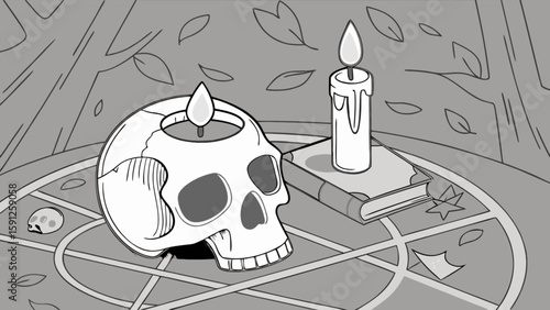Occult ritual scene with skull candle book and pentagram vector illustration for halloween concept art