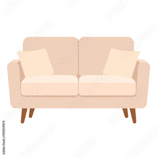Modern beige two-seater loveseat with cushions and pillows, flat vector illustration.