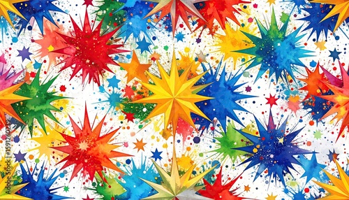 Colorful star pattern with watercolor splatter