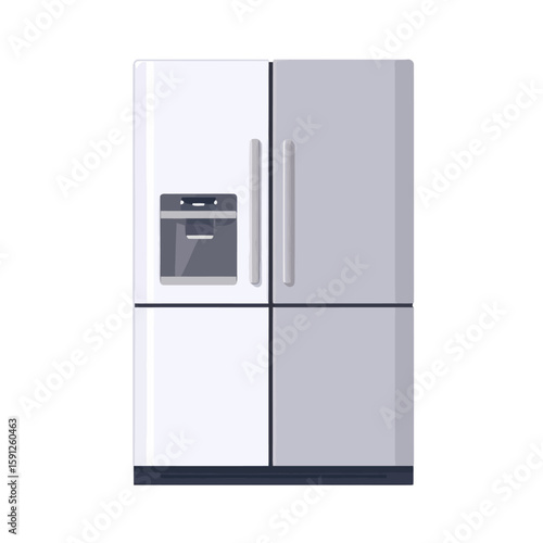 Modern French door refrigerator with four doors, freezer drawers, and a built-in ice and water dispenser.