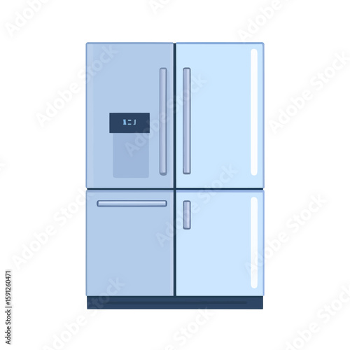 Modern light blue four-door refrigerator with a digital display and bottom freezer.