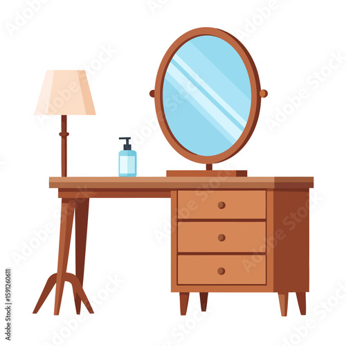 Wooden vanity dressing table with an oval mirror, lamp, and drawers, flat vector illustration.
