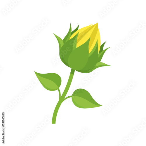 A young, closed sunflower bud with bright yellow petals peeking from green sepals on a stem.