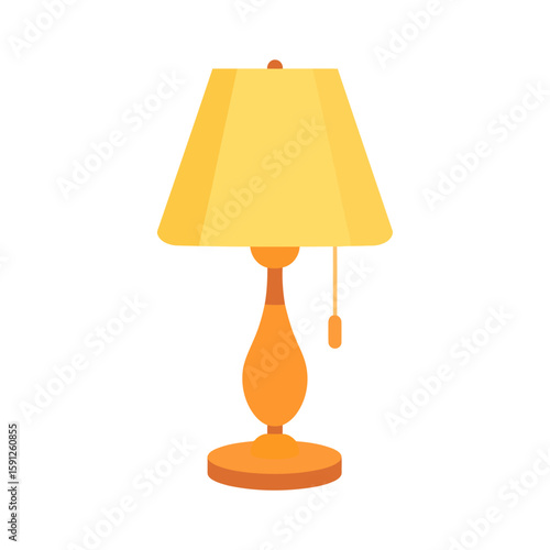Classic yellow table lamp with a curved orange base and pull chain switch.