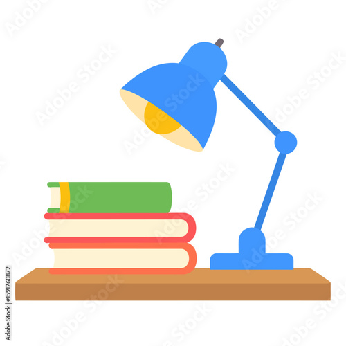 A vibrant blue adjustable desk lamp illuminating a stack of colorful books on a wooden shelf, flat design illustration.