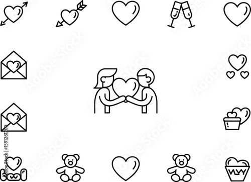 Couple Holding Heart Outline Icons with Arrow Heart, Envelope Heart, Toasting