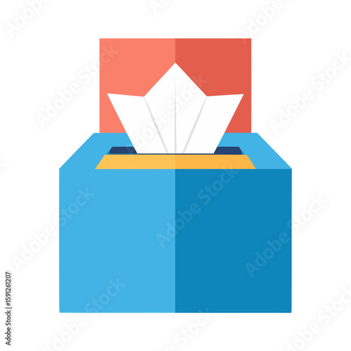 A colorful tissue box dispenser with white paper napkins, flat vector illustration.