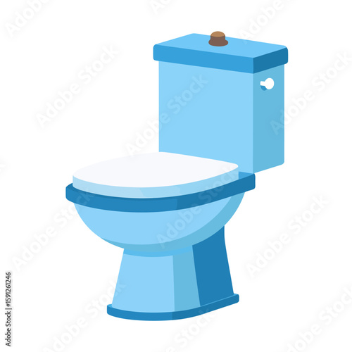 Flat design illustration of a light blue toilet with a closed white lid and a brown flush button.