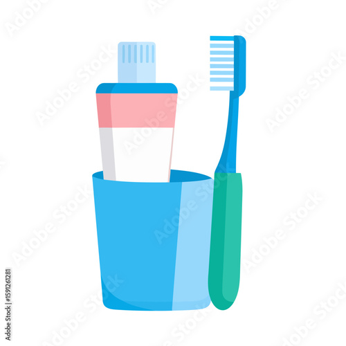 Vibrant flat design illustration of a toothbrush and toothpaste in a blue cup for daily dental care.