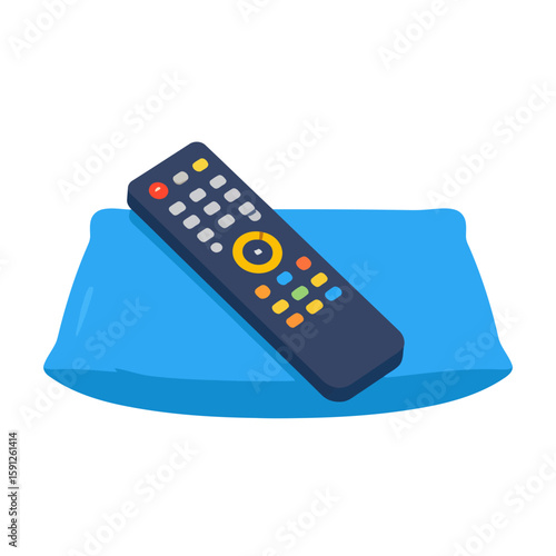 A dark grey television remote control with colorful round and square buttons and a prominent yellow circular navigation pad.