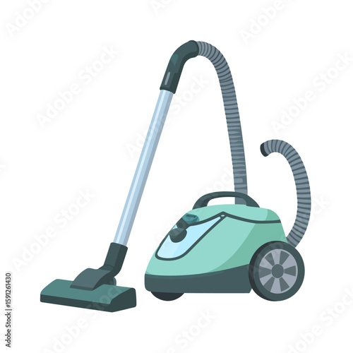 Modern light green canister vacuum cleaner with a flexible hose and large wheels. Flat cartoon style illustration of a household cleaning appliance.