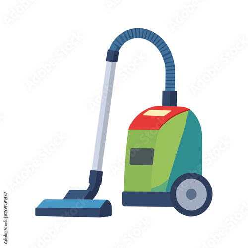 Vibrant green and blue canister vacuum cleaner with red accents, flat vector style.