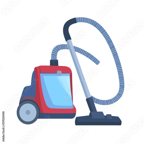 Modern red and blue canister vacuum cleaner with a flexible hose, illustrated in a flat cartoon style.