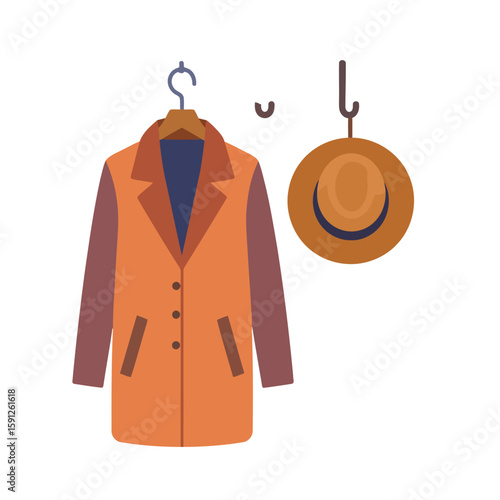 Stylish orange and brown coat on a hanger with a matching fedora hat on a wall hook.